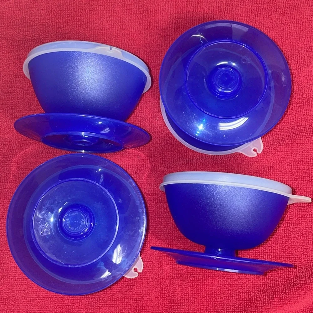 Tupperware Royal Blue Dessert Footed Bowls with Lids and Saucers Set of 4